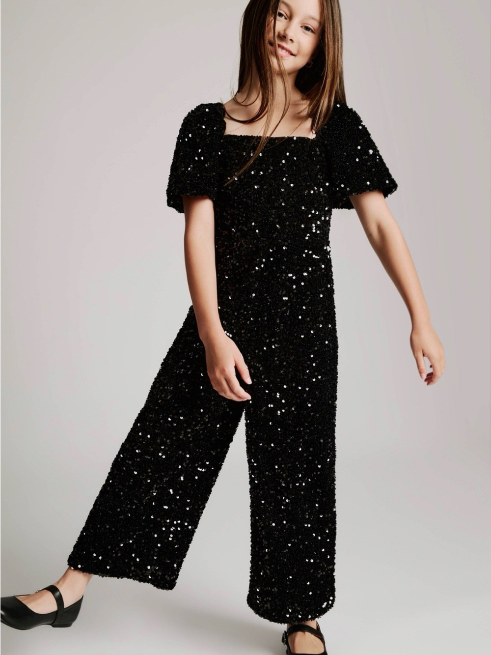 Bardot Black Sequin Puff-Sleeve Jumpsuit for Kids